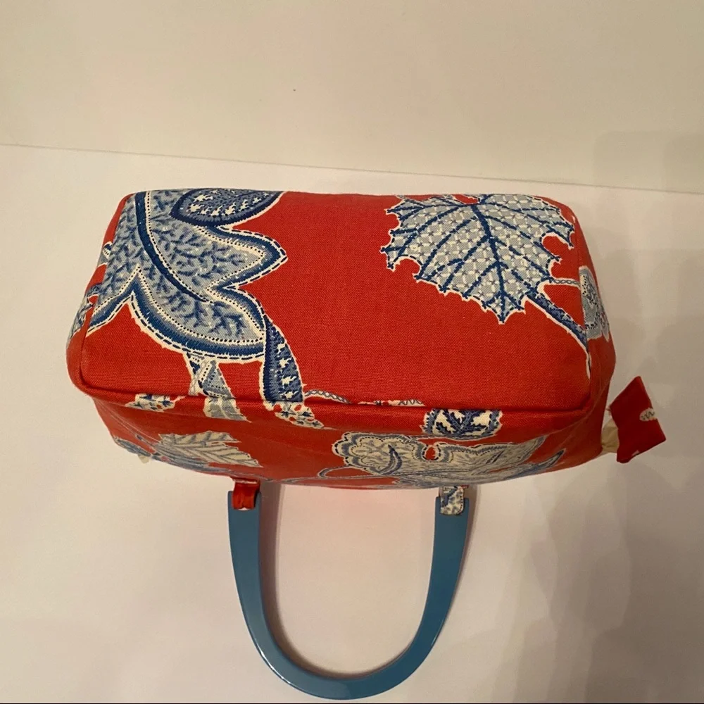 CHARLOTTE HORNER BAG SATCHEL RED BLUE FABRIC USA ARTISAN 2 HANDLE ZIP TOP